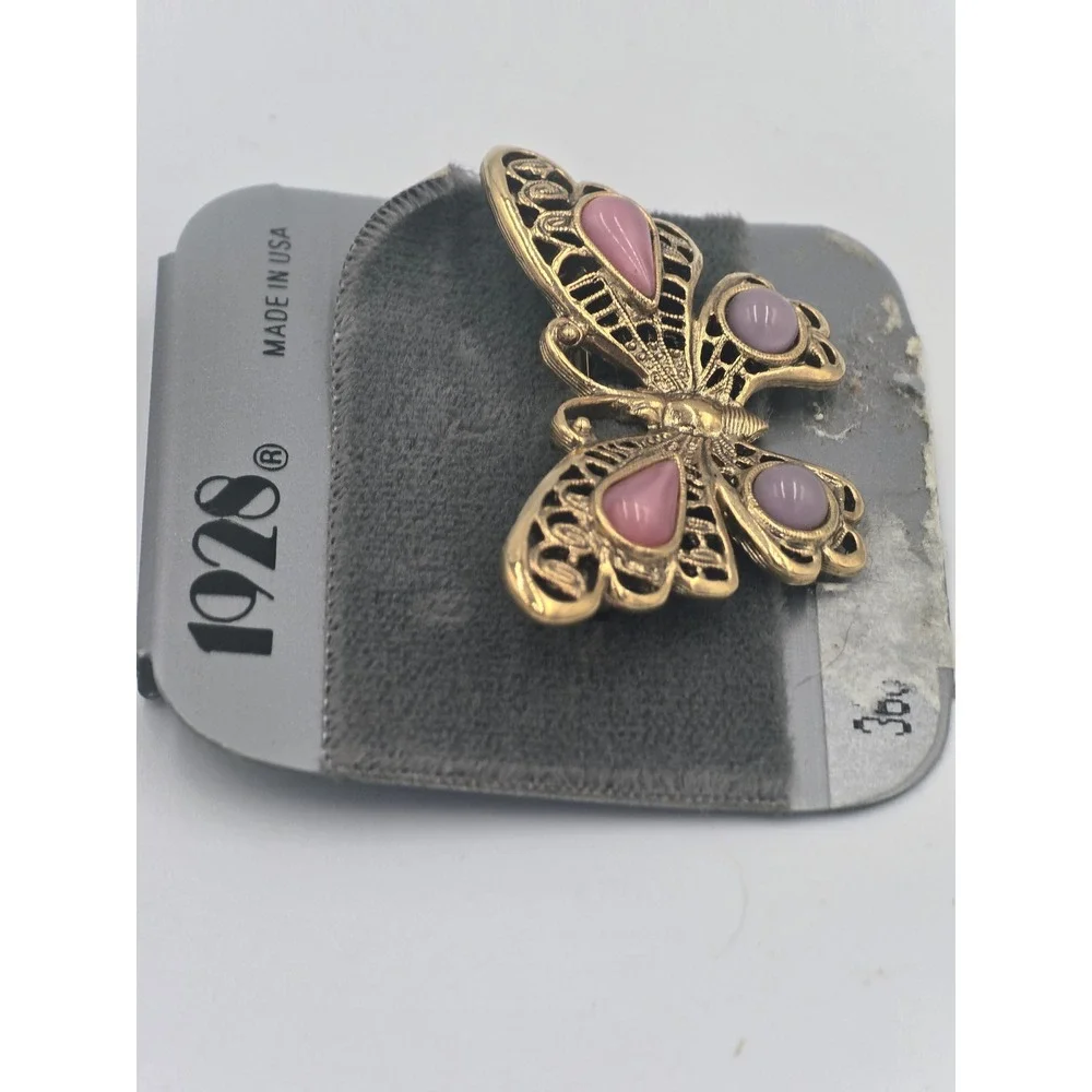 Vintage 1928 Gold Tone Pink Cabochon Butterfly Brooch Pin NOS Made in USA